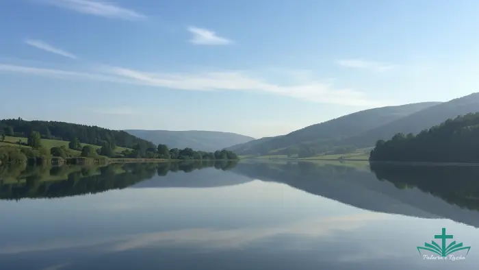 Uma imagem abstrata de um lago ou superfície de água muito calma e espelhada, refletindo o céu e a paisagem, simbolizando a paz e a clareza do silêncio.