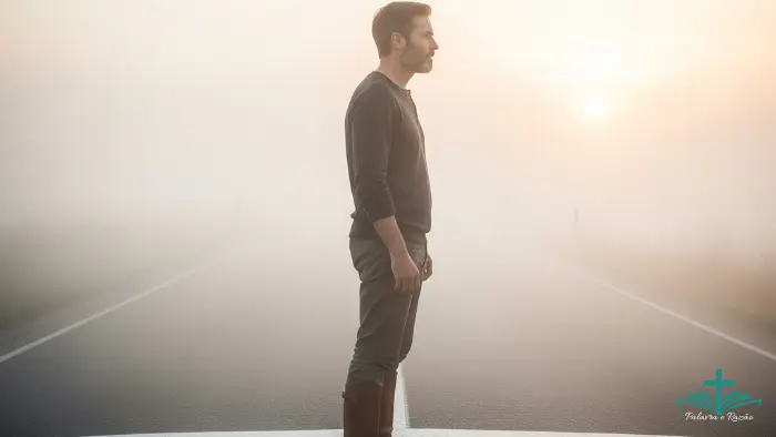 Pessoa em uma encruzilhada sob névoa ao amanhecer, simbolizando decisões difíceis inspiradas na fé de Abraão — blog Palavra e Razão.