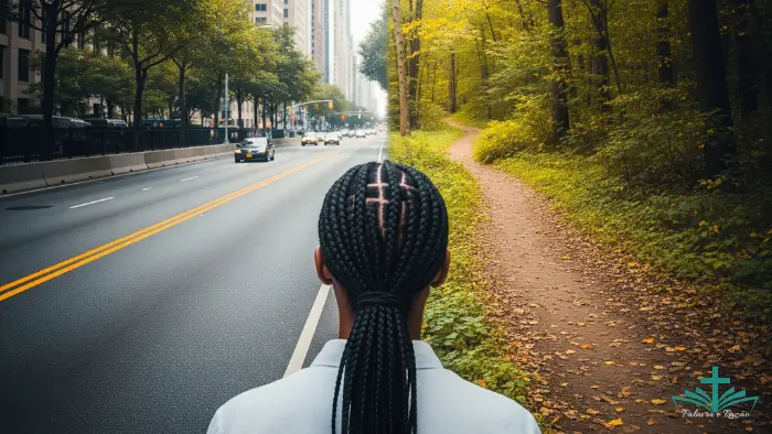 Pessoa em uma encruzilhada simbolizando a escolha e a busca pela liberdade.