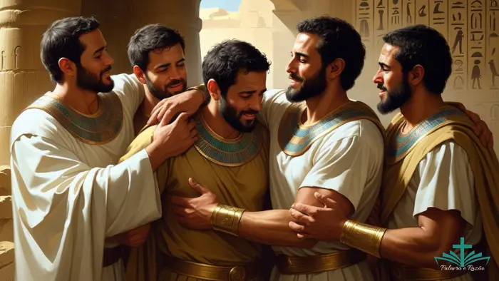 José do Egito abraçando seus irmãos, cena de reconciliação e perdão, com paisagem egípcia ao fundo, simbolizando a cura das relações.
