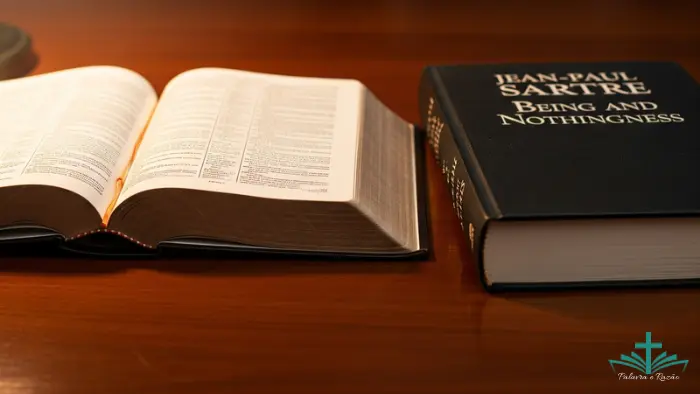 Uma Bíblia aberta ao lado de um livro de filosofia existencialista, com uma luz suave iluminando ambos, representando o diálogo entre fé e razão.