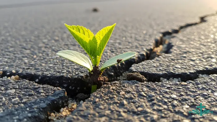 Planta verde crescendo no asfalto, simbolizando a arte de recomeçar e a resiliência no blog Palavra e Razão (1)