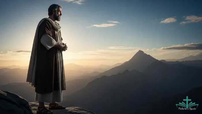 Homem olhando para um horizonte montanhoso ao amanhecer, representando a fé de Abraão e a reflexão sobre decisões difíceis no blog Palavra e Razão.