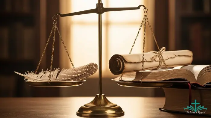 Uma balança com dois lados. Em um, uma pena representando a palavra falada. No outro, um pergaminho antigo (filosofia) e uma Bíblia aberta (fé).