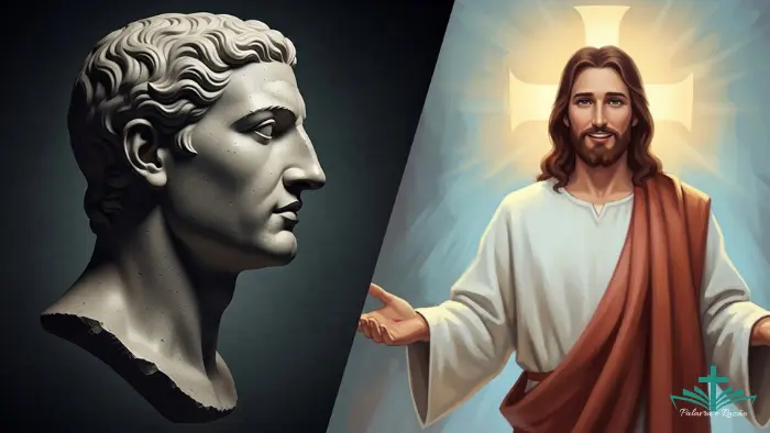 Ilustração dividida de um lado um busto de pedra estoico sereno, do outro uma representação artística de Jesus acolhedor, simbolizando o diálogo sobre a paz no blog Palavra e Razão.