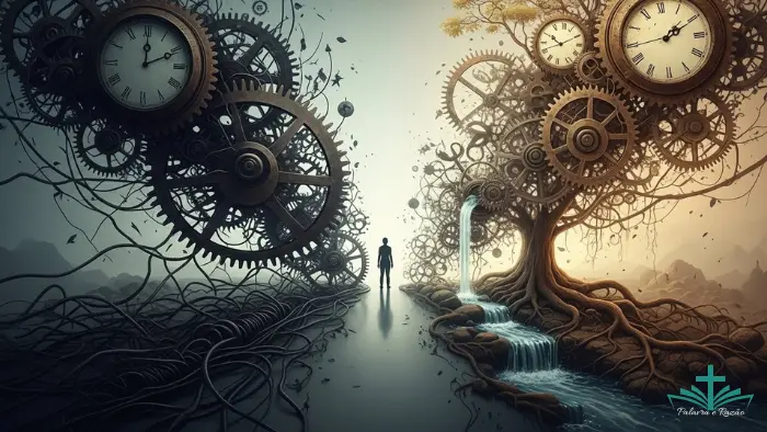 Ilustração artística dividida entre engrenagens escuras e luz natural, simbolizando a transição da exaustão para o descanso sagrado na sociedade do cansaço.