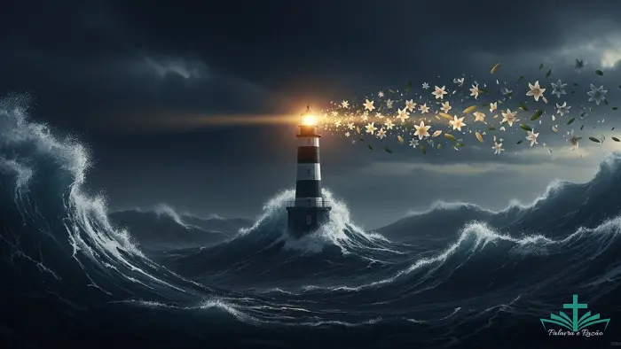 Ilustração artística de um farol resistindo a uma tempestade escura no mar, com sua luz dourada se transformando em lírios do campo flutuantes, simbolizando a esperança na dificuldade e a paz de Deus em meio ao caos.