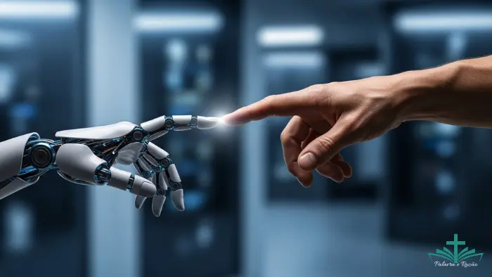 Mão humana tocando sutilmente uma mão robótica, remetendo à pintura 'A Criação de Adão', simbolizando a relação entre fé e inteligência artificial no blog Palavra e Razão.