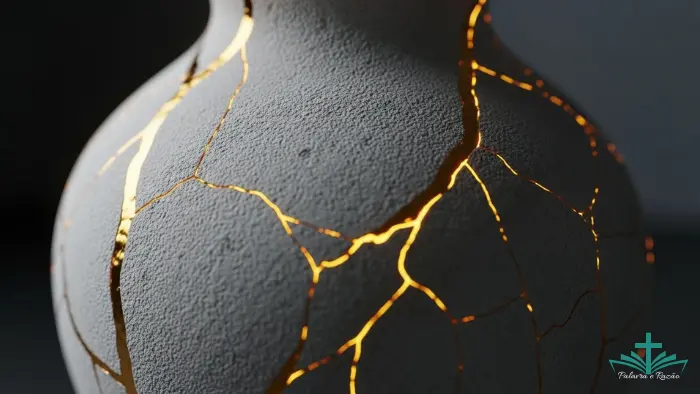 Vaso de cerâmica branca com rachaduras reparadas com ouro brilhante na técnica Kintsugi, simbolizando a restauração de Deus e a beleza das cicatrizes na vida cristã.
