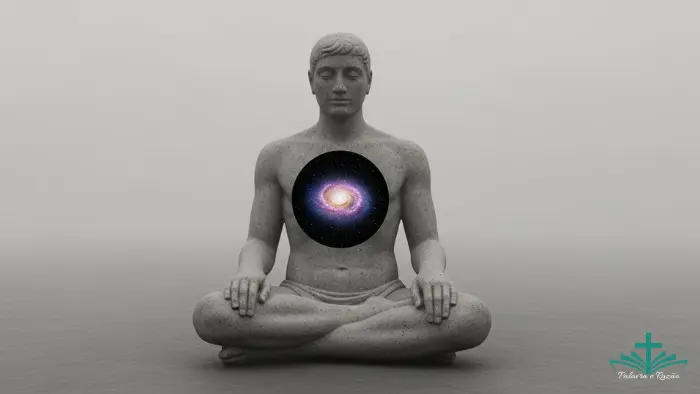 Ilustração surrealista de uma estátua humana com um vazio no peito preenchido por uma galáxia, representando a busca por sentido e a eternidade no coração do homem.