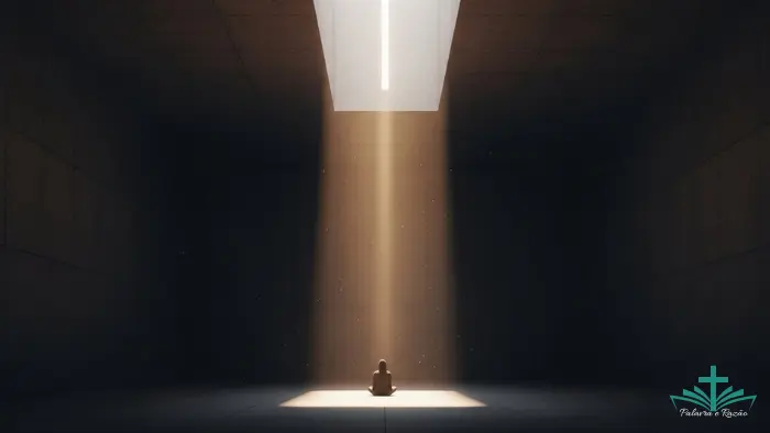 Ilustração simbólica de uma silhueta humana sentada em contemplação diante de uma luz suave em um ambiente minimalista, representando a busca por Deus no silêncio e a superação da distração moderna.