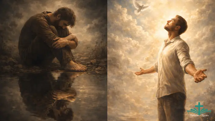 Ilustração artística conceitual mostrando um homem curvado sobre si mesmo olhando um reflexo, contrastando com outro homem olhando para o céu, representando o conceito de Incurvatus in se de Santo Agostinho e a liberdade cristã.