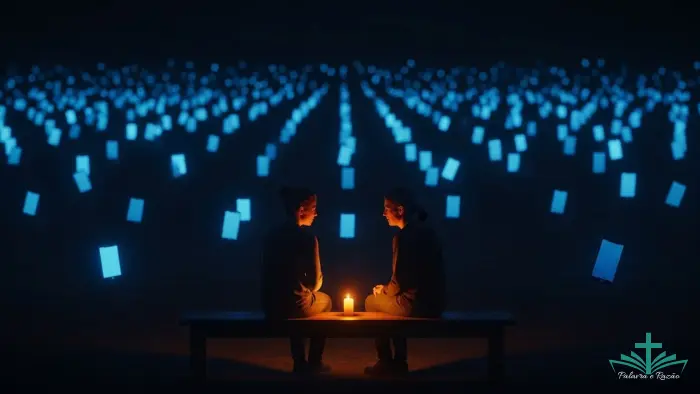 Contraste entre uma multidão de telas de celular frias e duas pessoas conversando intimamente sob a luz de velas, representando a amizade verdadeira
