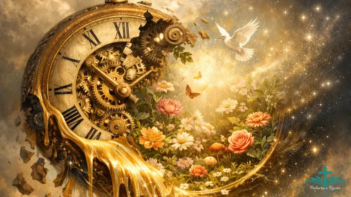 Ilustração artística surrealista de um relógio antigo se dissolvendo em natureza, simbolizando a diferença entre o tempo Chronos e a importância de viver o momento presente (Kairos).